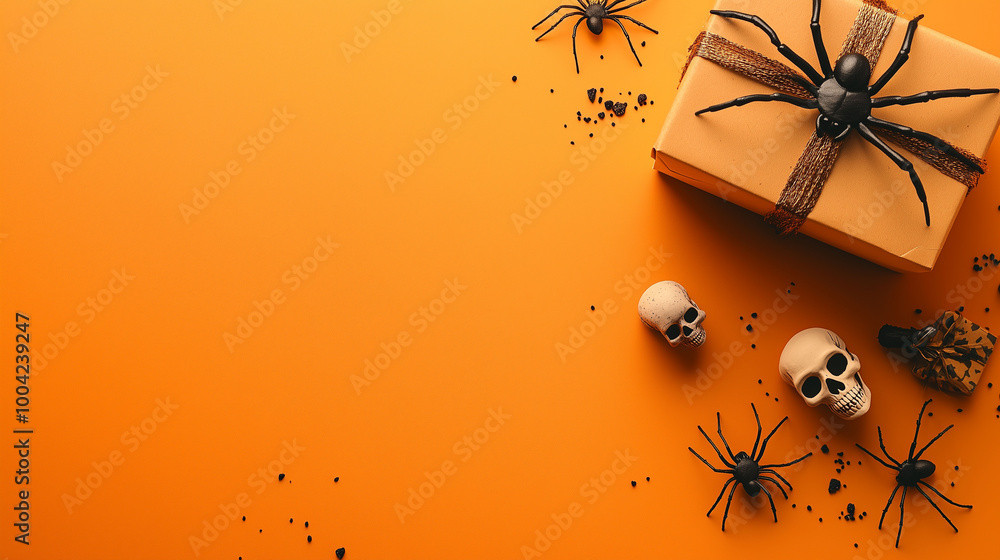 Top view of Halloween greeting card design with a spider, a small gift box, and a skull scattered around, isolated on a subtle orange backdrop