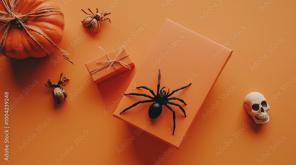 Top view of Halloween greeting card design with a spider, a small gift box, and a skull scattered around, isolated on a subtle orange backdrop