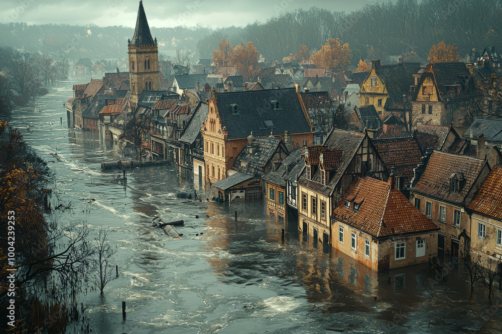 Fototapeta premium A town submerged under water after a dam breaks, with only rooftops visible above the waterline.