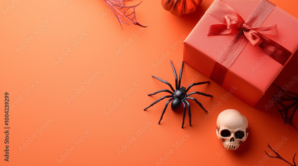 Top view of Halloween greeting card design with a spider, a small gift box, and a skull scattered around, isolated on a subtle orange backdrop