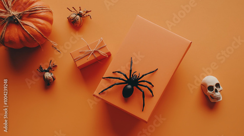 Obraz na płótnie Top view of Halloween greeting card design with a spider, a small gift box, and a skull scattered around, isolated on a subtle orange backdrop w salonie