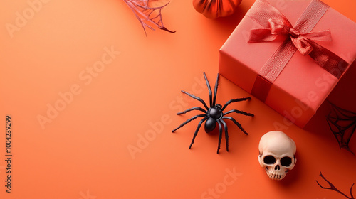 Top view of Halloween greeting card design with a spider, a small gift box, and a skull scattered around, isolated on a subtle orange backdrop
