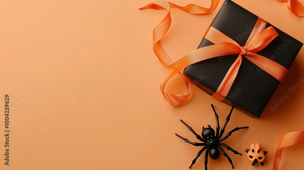 Minimalist Halloween greeting card layout featuring a spider, skull, and a small black gift box with orange ribbon, positioned on a pale orange background