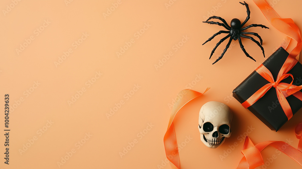 Minimalist Halloween greeting card layout featuring a spider, skull, and a small black gift box with orange ribbon, positioned on a pale orange background
