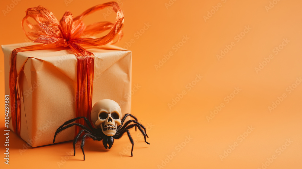 Halloween-themed greeting card copy space with a creepy spider crawling near a wrapped gift box and a skull centerpiece, set against a light orange backdrop