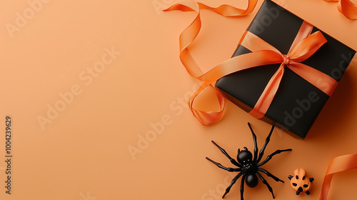 Obraz na płótnie Minimalist Halloween greeting card layout featuring a spider, skull, and a small black gift box with orange ribbon, positioned on a pale orange background w salonie