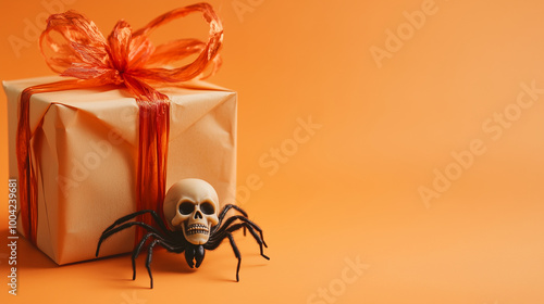 Obraz na płótnie Halloween-themed greeting card copy space with a creepy spider crawling near a wrapped gift box and a skull centerpiece, set against a light orange backdrop w salonie