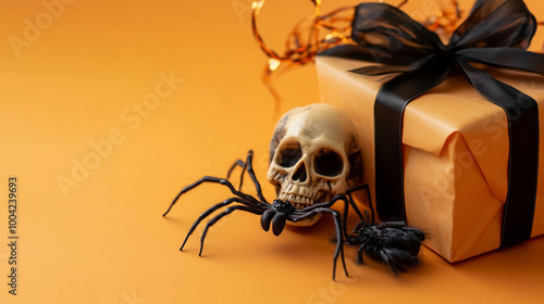 Halloween-themed greeting card copy space with a creepy spider crawling near a wrapped gift box and a skull centerpiece, set against a light orange backdrop