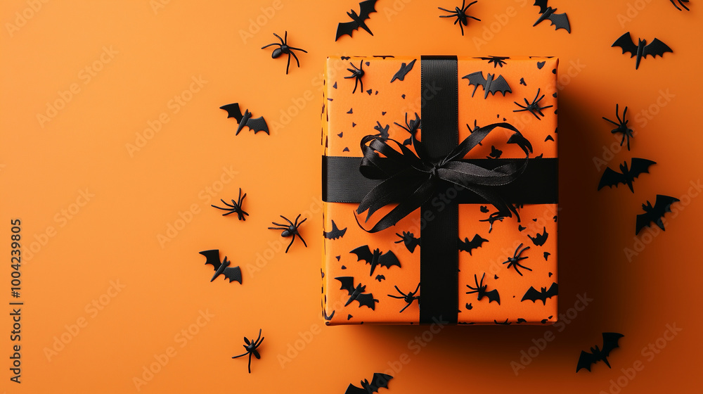 Halloween-themed gift box with black bats and spiders scattered on an orange backdrop, perfect for festive celebrations