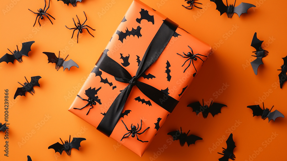 Halloween-themed gift box with black bats and spiders scattered on an orange backdrop, perfect for festive celebrations
