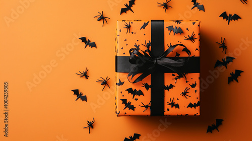 Obraz na płótnie Halloween-themed gift box with black bats and spiders scattered on an orange backdrop, perfect for festive celebrations w salonie