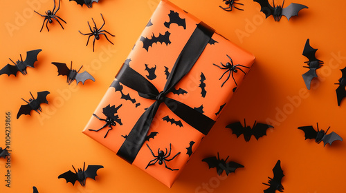 Obraz na płótnie Halloween-themed gift box with black bats and spiders scattered on an orange backdrop, perfect for festive celebrations w salonie
