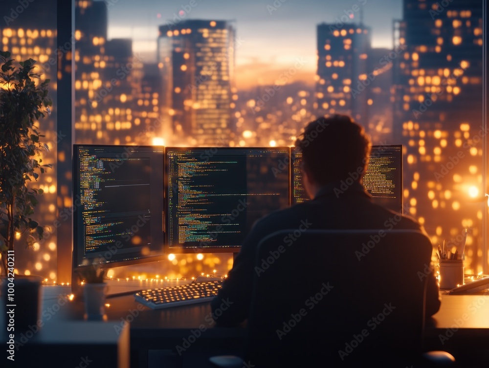 Software Developer Working Late at Night in Office with City Lights, Focused on Coding Project, Demonstrating Dedication and Success Software Developer Working Late at Night in Office with City Lights, Focused on Coding Project, Demonstrating Dedication and Success