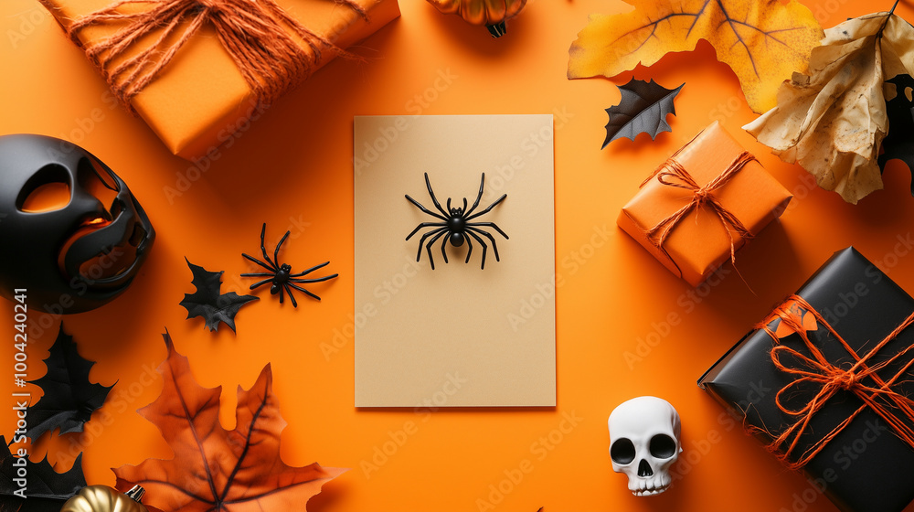 A festive Halloween card mockup with a central blank space surrounded by a spider, a skull ornament, and a wrapped gift box, all placed on a light orange surface