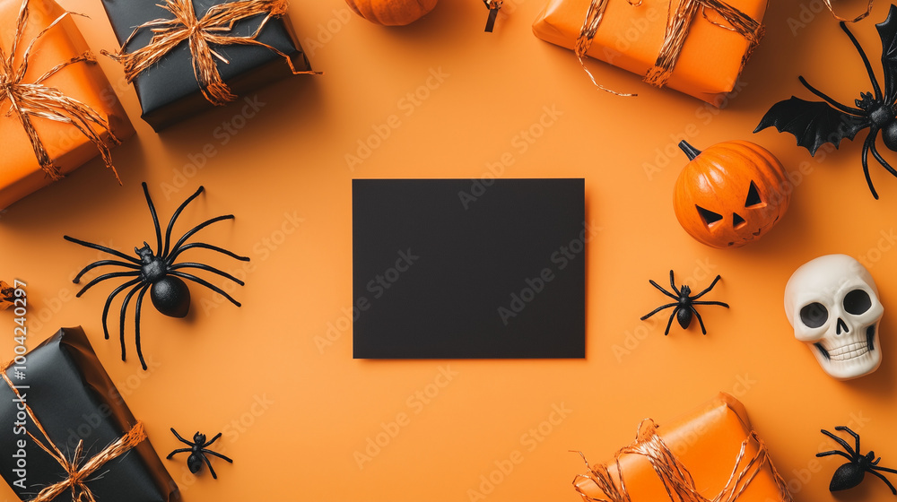 A festive Halloween card mockup with a central blank space surrounded by a spider, a skull ornament, and a wrapped gift box, all placed on a light orange surface