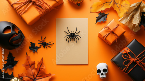 Obraz na płótnie A festive Halloween card mockup with a central blank space surrounded by a spider, a skull ornament, and a wrapped gift box, all placed on a light orange surface w salonie