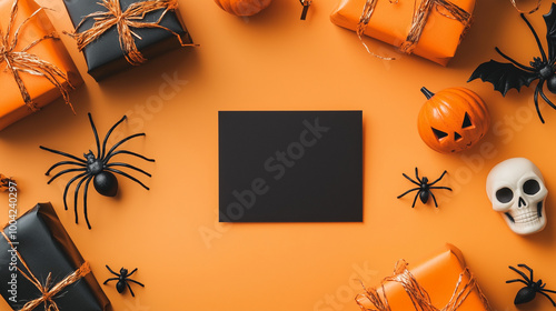 Obraz na płótnie A festive Halloween card mockup with a central blank space surrounded by a spider, a skull ornament, and a wrapped gift box, all placed on a light orange surface w salonie