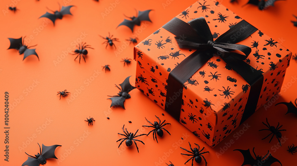 A detailed Halloween gift box surrounded by black bats and spiders, resting on an orange backdrop, capturing the spooky atmosphere of Halloween
