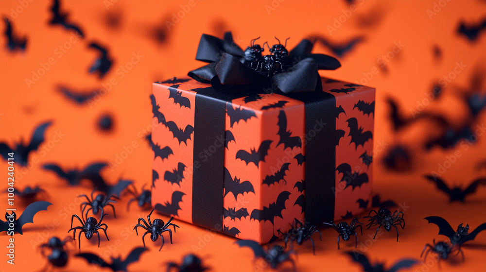A detailed Halloween gift box surrounded by black bats and spiders, resting on an orange backdrop, capturing the spooky atmosphere of Halloween