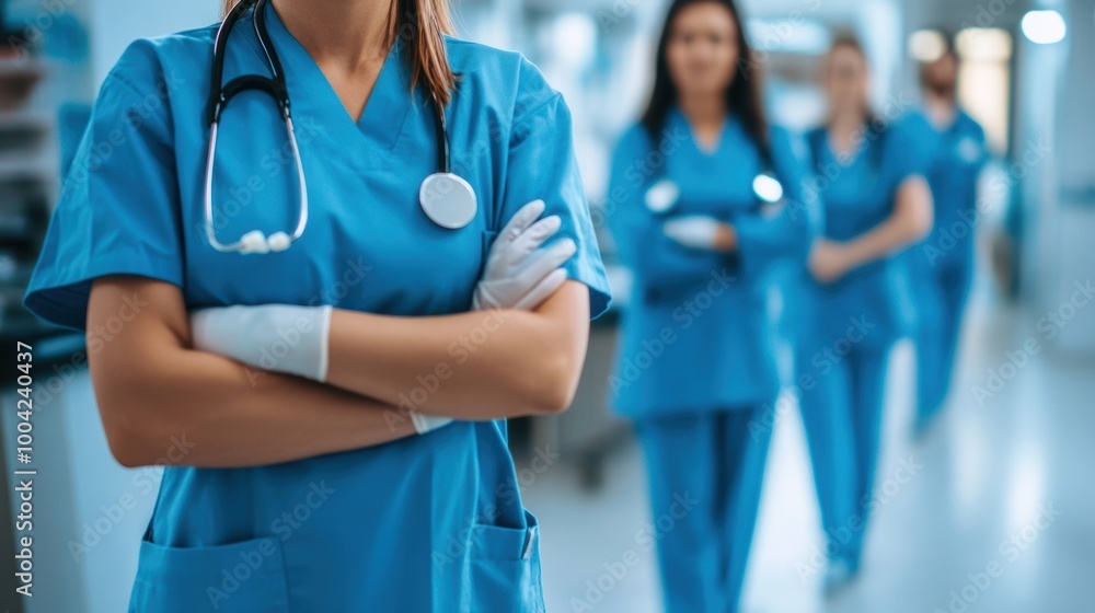 Close-up of a doctor leading a team in blue scrubs Close-up of a doctor leading a team in blue scrubs