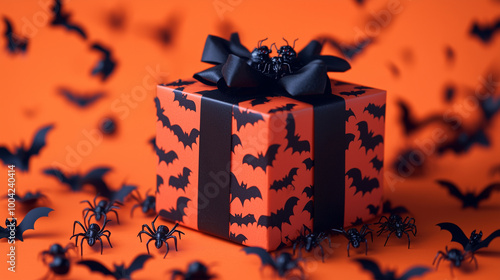 A detailed Halloween gift box surrounded by black bats and spiders, resting on an orange backdrop, capturing the spooky atmosphere of Halloween
