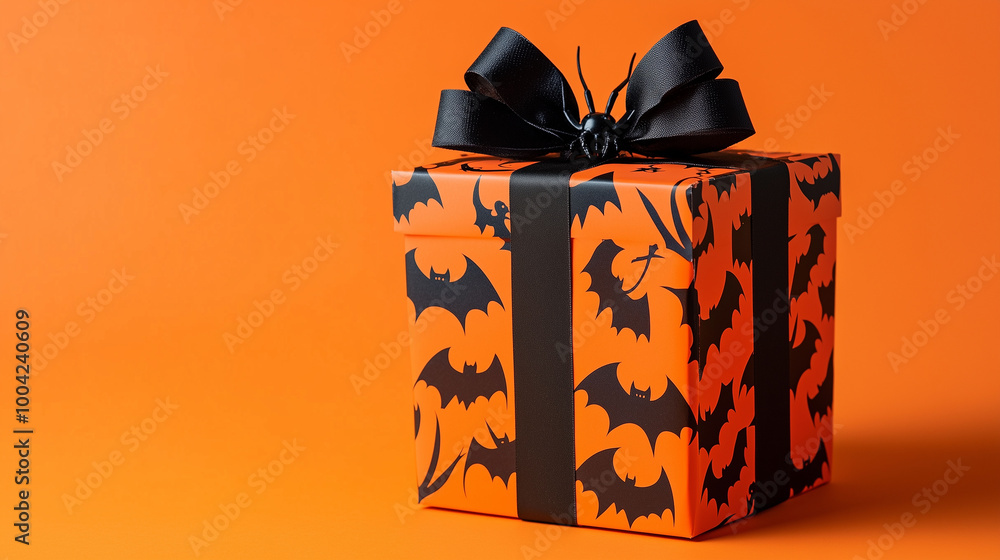 A colorful Halloween-themed gift box with black bats and spiders, placed on an orange background, ideal for festive Thanksgiving events