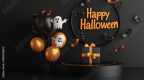 A black podium with floating ghost and bat balloons, a gift box wrapped in deep yellow ribbon, and a glowing Happy Halloween banner hanging behind