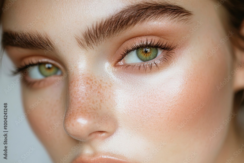 Obraz premium A close-up image showcasing the beautiful green eyes of a woman with natural makeup. Ideal for beauty, skincare, generative ai