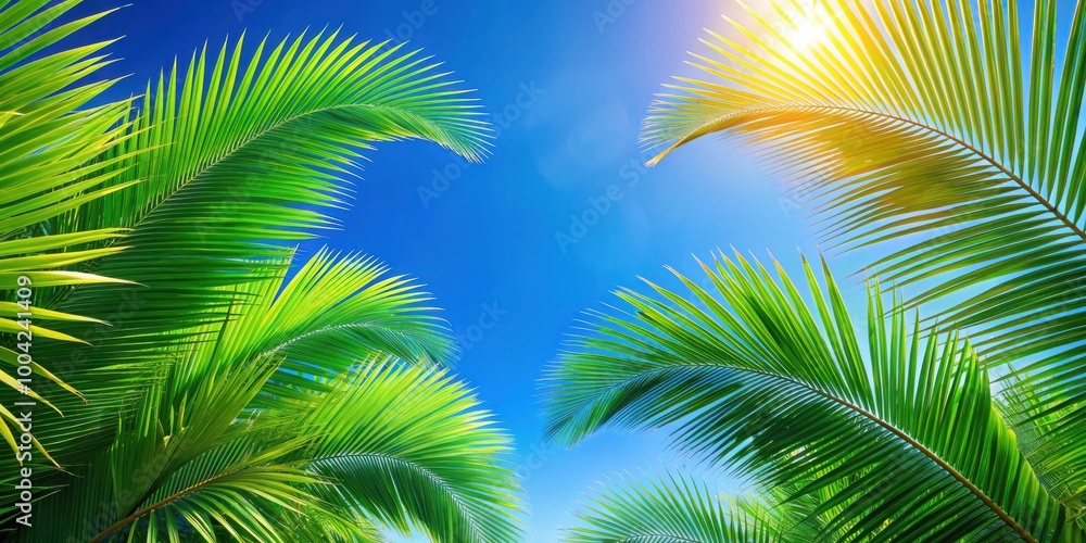 Naklejka premium Vibrant green palm leaves against blue sky perfect for summer postcard design