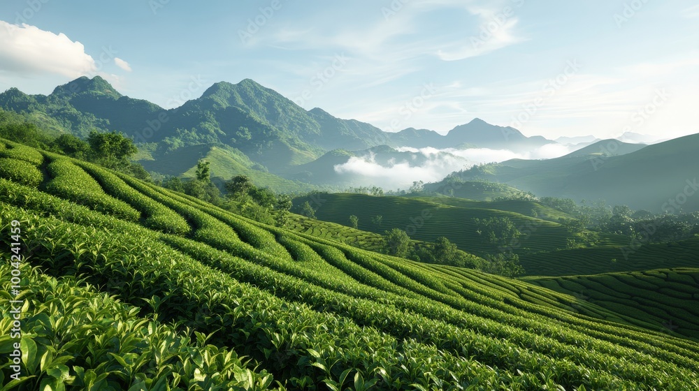 Serene Terraced Hillsides in East Asia Landscape Serene Terraced Hillsides in East Asia Landscape