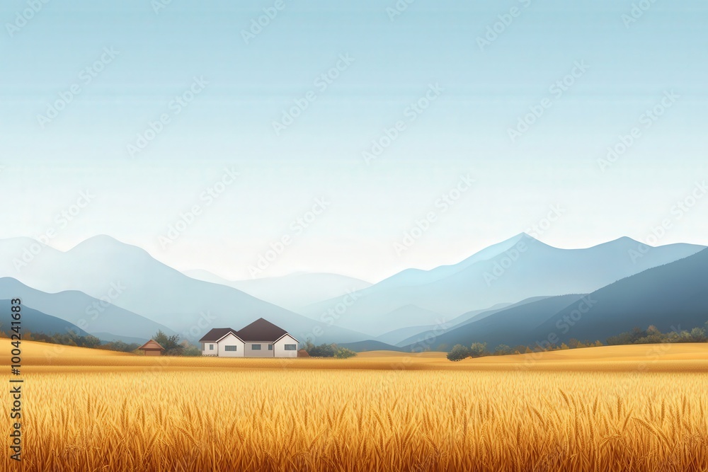 Fototapeta premium Serene Rural Landscape with Golden Wheat Fields