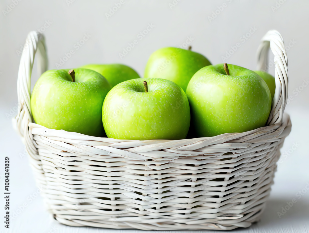 Basket of fresh green apples on a white background. Basket of fresh green apples on a white background.