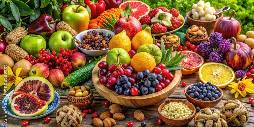 Celebrating Tu B'Shevat with a Bountiful Display of Fresh Fruits, Nuts, and Nature's Abundance Celebrating Tu B'Shevat with a Bountiful Display of Fresh Fruits, Nuts, and Nature's Abundance