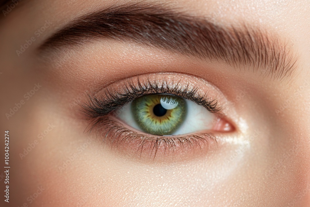 Fototapeta premium A close-up image showcasing the beautiful green eyes of a woman with natural makeup. Ideal for beauty, skincare, generative ai