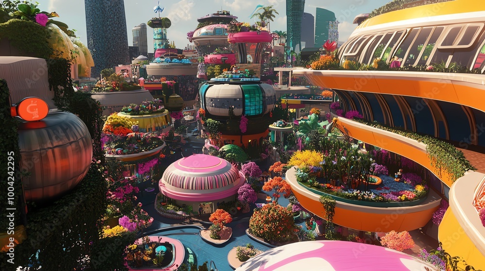 High-angle view of a vibrant utopian city, rooftops transformed into lush culinary gardens, colorful dishes adorning every corner High-angle view of a vibrant utopian city, rooftops transformed into lush culinary gardens, colorful dishes adorning every corner