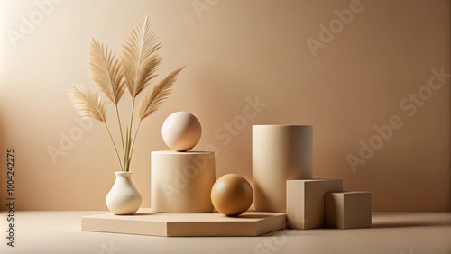 Organic forms in minimalist composition with earthy tones promoting contemplation