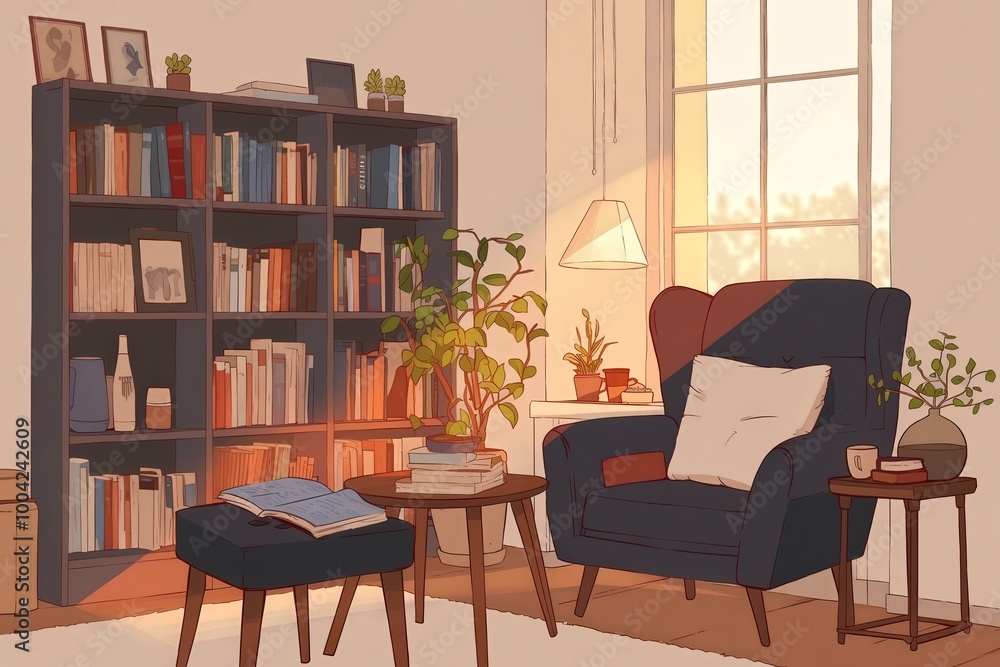 Fototapeta premium Cozy Reading Nook with Bookshelf and Plants