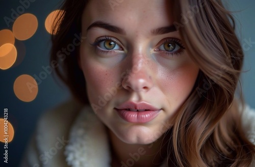 Portrait of a young girl with Christmas lights in the background