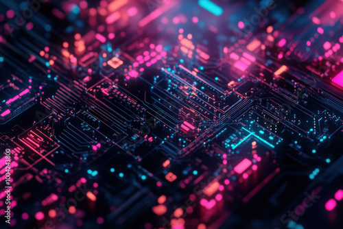 Electrifying technology abstract showcasing vibrant circuitry illuminated in a dazzling display of pink and blue colors. Generative AI