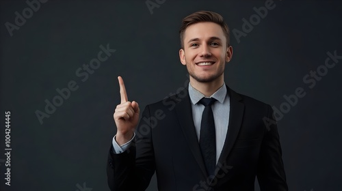 Businessman wear classic formal black suit shirt tie work in office point index finger aside on area isolated on plain black background studio portrait. Copy space at his hand for promotion and advert