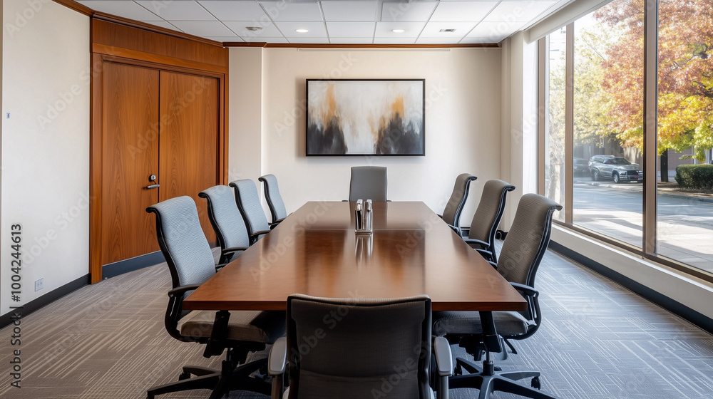 Fototapeta premium modern conference room featuring large wooden table surrounded by ergonomic chairs, ideal for meetings and discussions. room is well lit with large windows showcasing outdoor view.