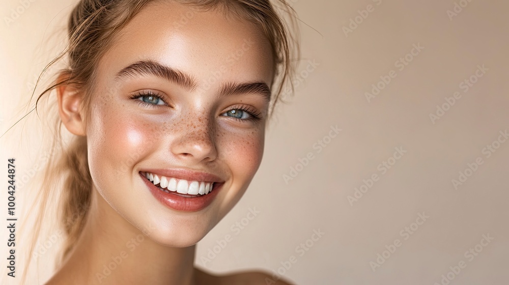 Naklejka premium A close-up portrait of a young woman with light brown hair pulled back in a ponytail, smiling brightly. Her skin is fair and glowing, and her teeth are white and bright, generative ai