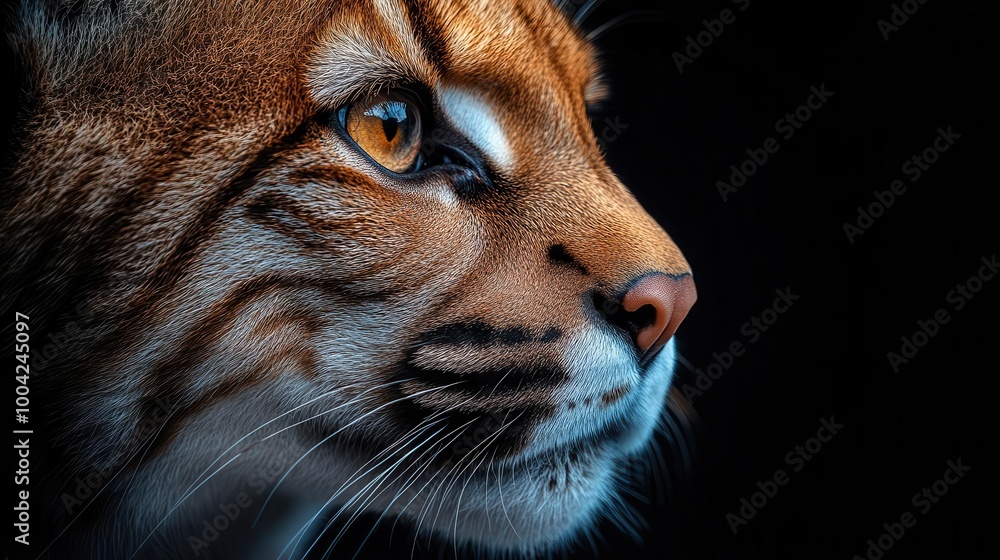 Obraz premium majestic puma gazes intensely from a dark studio setting with dramatic lighting highlighting its powerful features and piercing eyes evoking a sense of wild elegance and strength