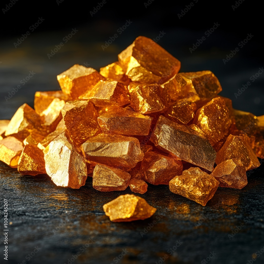 A pile of shimmering orange crystals on a dark surface. A pile of shimmering orange crystals on a dark surface.