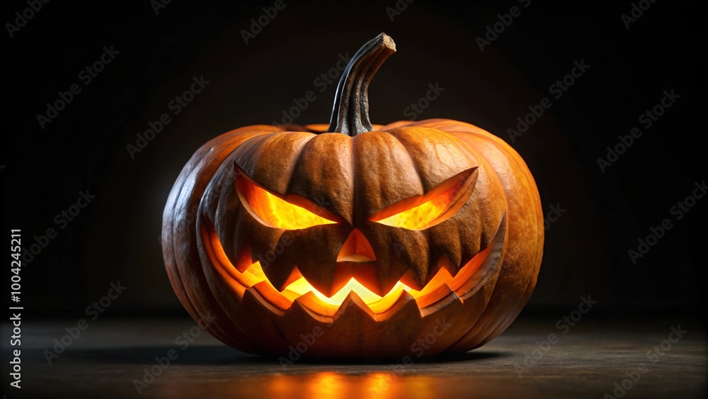 Spooky Halloween Jack-o'-Lantern: Glowing Carved Pumpkin with Menacing Face on Dark Background - Eerie Orange Light for Halloween Decor Spooky Halloween Jack-o'-Lantern: Glowing Carved Pumpkin with Menacing Face on Dark Background - Eerie Orange Light for Halloween Decor
