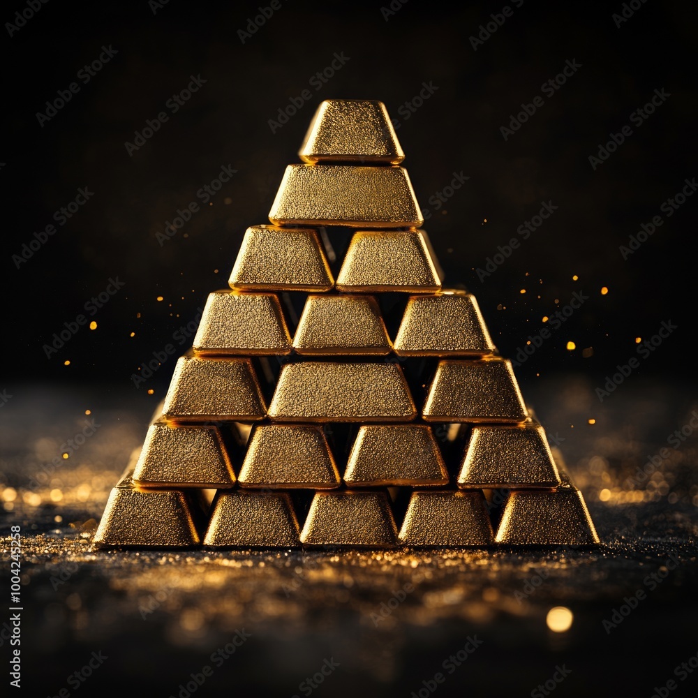 A pyramid of gold bars shining against a dark background. A pyramid of gold bars shining against a dark background.