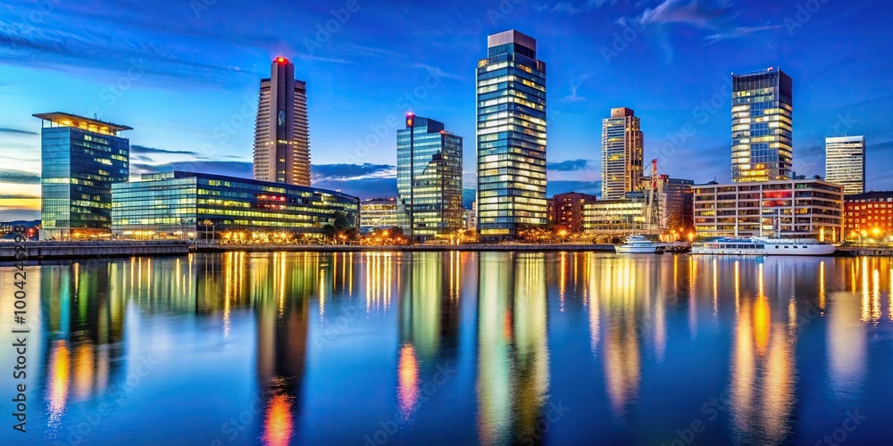Fototapeta premium panoramic night view of illuminated skyscraper at Gothenburg harbor