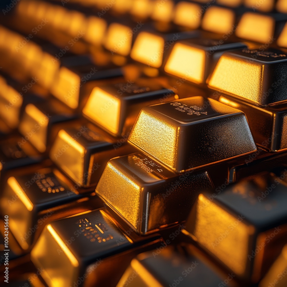 Close-up of stacked gold bars reflecting warm light. Close-up of stacked gold bars reflecting warm light.