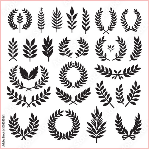 Set of black laurels frames branches Hand drawn vector laurel leaves decorative silhouette elements

