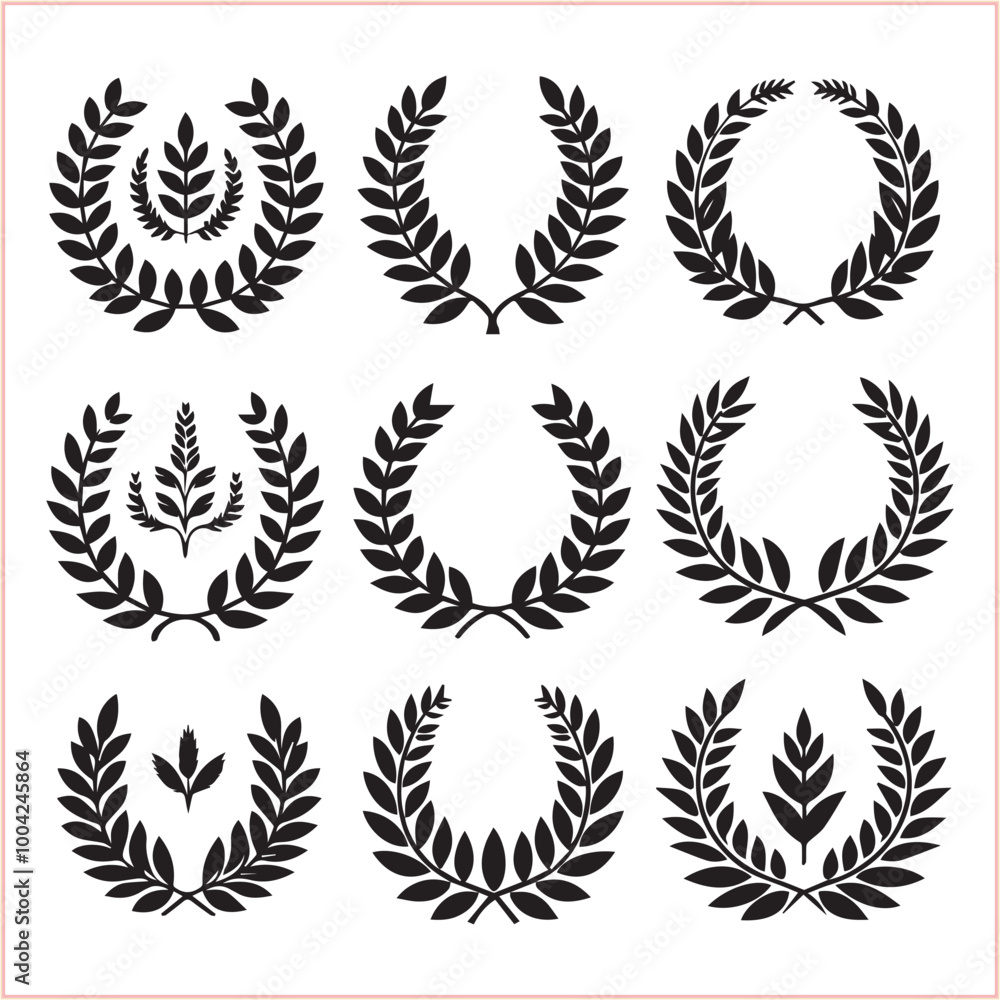 Set of black laurels frames branches Hand drawn vector laurel leaves decorative silhouette elements
Set of black laurels frames branches Hand drawn vector laurel leaves decorative silhouette elements